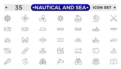 Nautical and sea web icons in outline style. thin line icons such as wind rose, oars, suroard, marine, double bait, buoy, submarine facing right, caravel, Smeaton's tower, old galleon.
