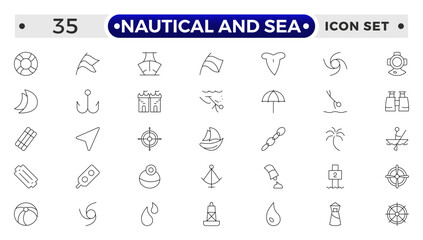 Nautical and sea web icons in outline style. thin line icons such as wind rose, oars, suroard, marine, double bait, buoy, submarine facing right, caravel, Smeaton's tower, old galleon.