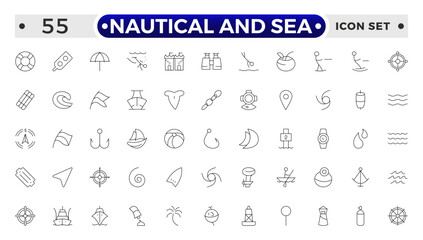 Nautical and sea web icons in outline style. thin line icons such as wind rose, oars, suroard, marine, double bait, buoy, submarine facing right, caravel, Smeaton's tower, old galleon.