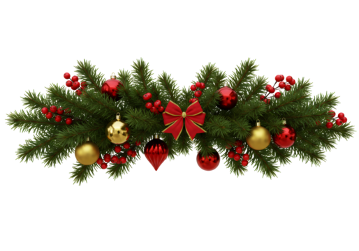 クリスマスの装飾 弓と球のある赤いベリーと金色の装飾と透明な背景を持つ緑のトウヒの枝と冬の休日の装飾