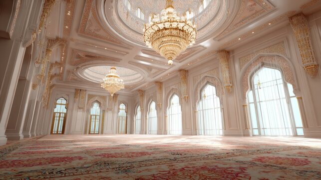 Grand mosque interior, spacious prayer hall with ornate details