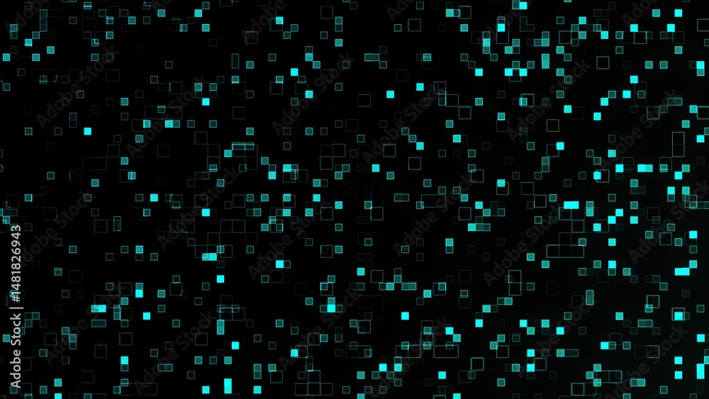 Poster abstract digital data stream background with glowing blue squares representing information flow and 