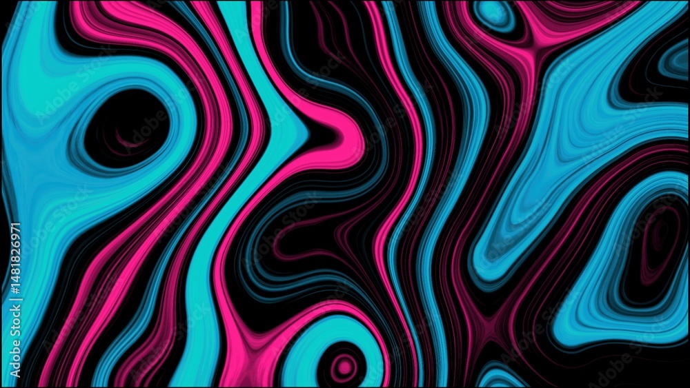 Poster dynamic swirls of cyan and magenta flowing against a black backdrop creating an abstract artistic ba