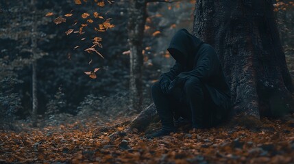 A solitary figure shrouded in darkness within a somber forest.