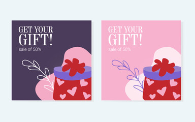 Vibrant sale background with gift box and hearts. Ideal for social media posts and banners