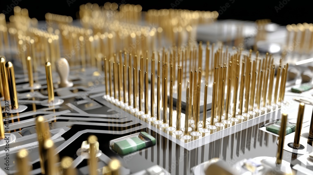 Poster Close-up view of a glowing CPU on a circuit board, highlighting golden pins and intricate details while illuminated by soft white light, emphasizing modern computing