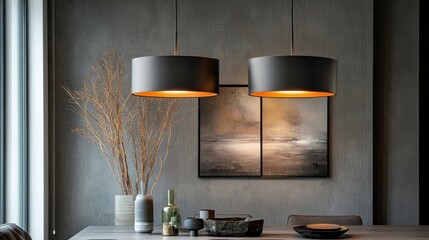 Elegant Modern Interior Design with Two Black Pendant Lamps and Abstract Artwork