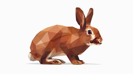 Low polygon brown bunny rabbit sitting isolated against a white background