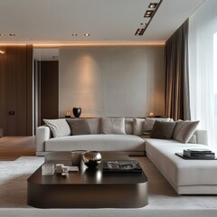 Fototapeta premium Modern Living Room with Neutral Tones and Recessed Lighting