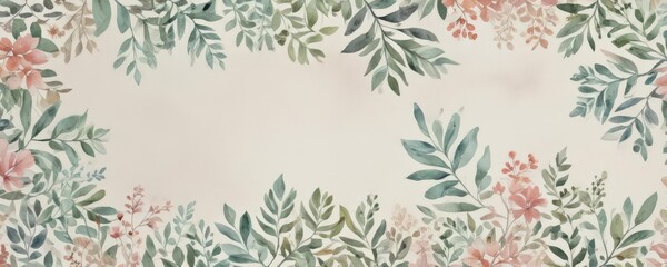 Miniature watercolor card; pastel leaves, subtle floral pattern, paper, brushstrokes