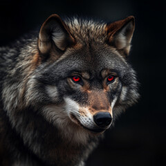 Fototapeta premium Closeup Portrait of a Wolf with Red Eyes in a Dark Forest