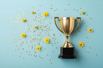 Elegant Golden Trophy Flat Lay – Top-Down Award Photo on Blue Background