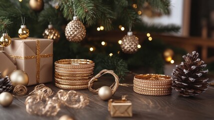 Elegant Christmas Decorations with Wrapped Gifts and Gold Colored Festive Ornaments