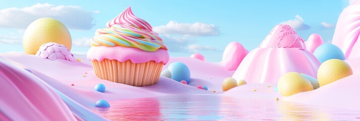 Pastel candy land background with cupcake whimsical dessert landscape in pastel colors fantasy food background