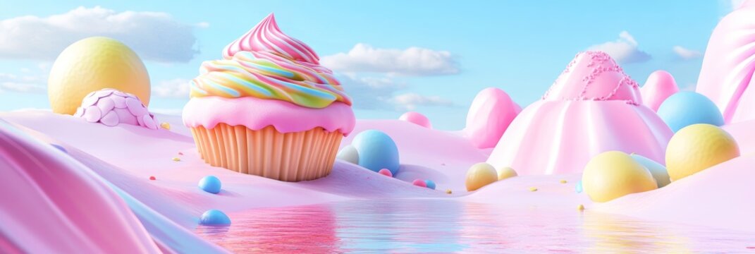 Pastel candy land background with cupcake whimsical dessert landscape in pastel colors fantasy food background