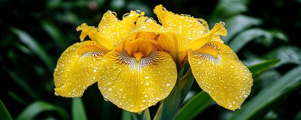Fototapeta premium Stunning Yellow Iris Flower with Dew Drops Nature's Beauty