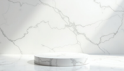 Polished Carrara marble slab with a 3D chamfered glass platform, ambient-occluded dew drops, and studio lighting
