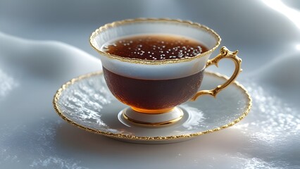 Fototapeta premium This image features a translucent, ornate teacup filled with a dark brown liquid, likely black tea, with visible tea leaves or particles at the bottom. The cup rests on a matching saucer with an elabo