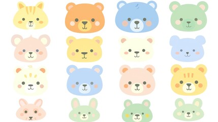 Cute animal faces, pastel colors