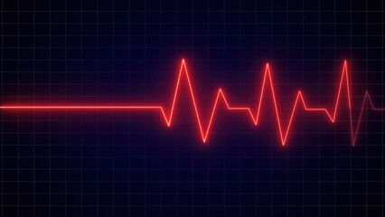 Red neon heartbeat line on a dark blue grid medical healthcare background represents cardiac activity life support system analysis and pulse visualization