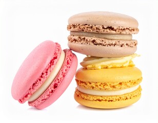 Fototapeta premium Assorted colorful French macarons with creamy vanilla filling, beautifully arranged and isolated on a clean white background, perfect for bakery ads, dessert branding, and food packaging design