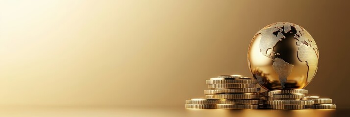 Golden globe on stacked coins against clean background 