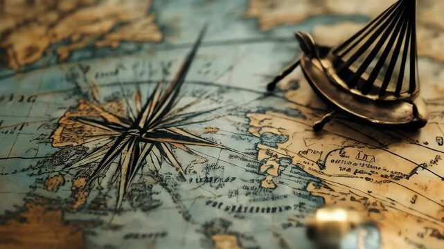 Vintage world map with antique compass and dividers displaying old geographical information and exploration equipment for navigation.