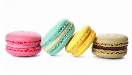 Obraz premium Assorted colorful French macarons with creamy vanilla filling, beautifully arranged and isolated on a clean white background, perfect for bakery ads, dessert branding, and food packaging design