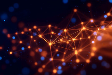Naklejka premium A glowing network of interconnected orange lines and dots with blue light bokeh on a dark background.