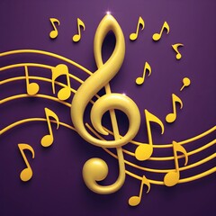 An artistic 3D representation of golden musical symbols–a treble clef and various notes–dynamically placed on golden lines against a solid purple surface