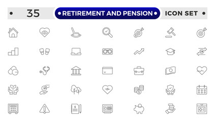 Retirement and pension outline icon set. Employee benefit stroke icons set. Related to teamwork, insurance, Bonus, pension, Security. Line icon collection.