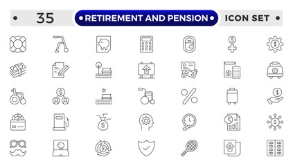 Retirement and pension outline icon set. Employee benefit stroke icons set. Related to teamwork, insurance, Bonus, pension, Security. Line icon collection.
