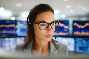 Focused woman with headset and glasses working at multiple computer monitors displaying financial charts.