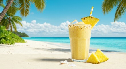 Refreshing tropical pineapple smoothie with a straw on a beach with palm trees and ocean view