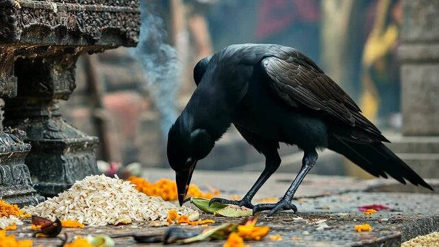 Crow eating grains near temple, featuring smoke, bird with black feathers, traditional structure, and offering rituals, with blurred background.