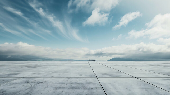 AI generated, Minimal modern concrete showroom background with scenic architecture and nature &mdash; ideal for EV car advertising or promotional text layout