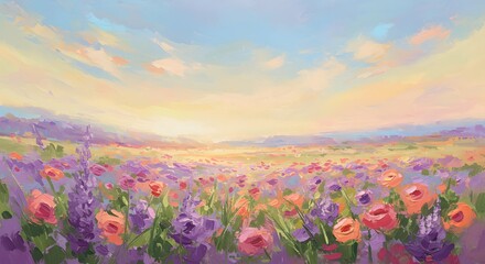 Fototapeta premium Painted Flower Field Landscape Under Soft Sky Scenery