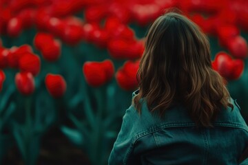 Naklejka premium Woman admiring a vibrant red tulip field