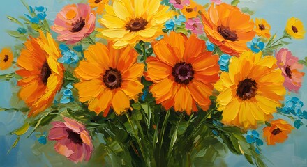 Floral Oil Painting Featuring Colorful Flowers in a Vase