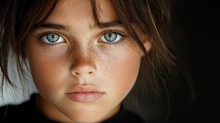 Fototapeta premium Close Up Portrait of a Freckled Girl with Blue Eyes