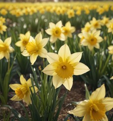 Close-up of glistening daffodil petals, sunlit field backdrop , meadow, sunny, outdoor