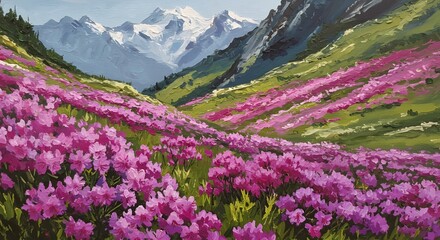 Fototapeta premium Flowering Meadow in Valley Leading to Snowy Mountain Peaks