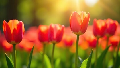 Vibrant tulips blooming in a spring garden, bathed in sunlight , may, life