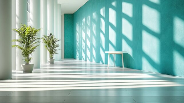 Hallway with plants and a turquoise wall with light and shadow creating a modern and clean look