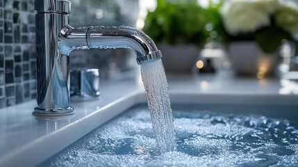 Modern faucet pouring water into a sink.