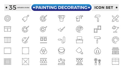 Painting Decorating outline icons. Set of Paint and decorating icon and painting tools. Color palette, Roller, Creative art brush, bucket. Editable stroke outline icon.
