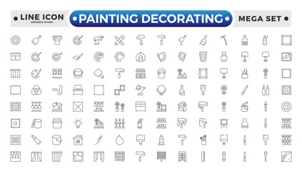 Painting Decorating outline icons. Set of Paint and decorating icon and painting tools. Color palette, Roller, Creative art brush, bucket. Editable stroke outline icon.
