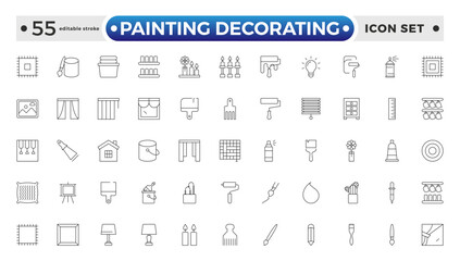 Painting Decorating outline icons. Set of Paint and decorating icon and painting tools. Color palette, Roller, Creative art brush, bucket. Editable stroke outline icon.
