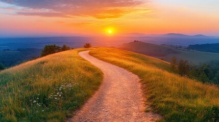 Scenic sunrise over a winding path on a grassy hill