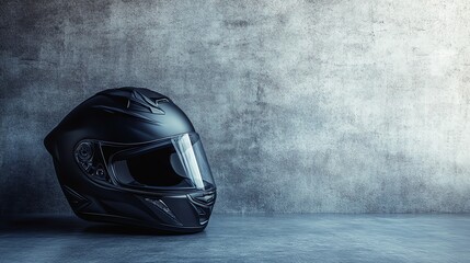 Fototapeta premium A motorcycle helmet rests on a gray concrete surface.